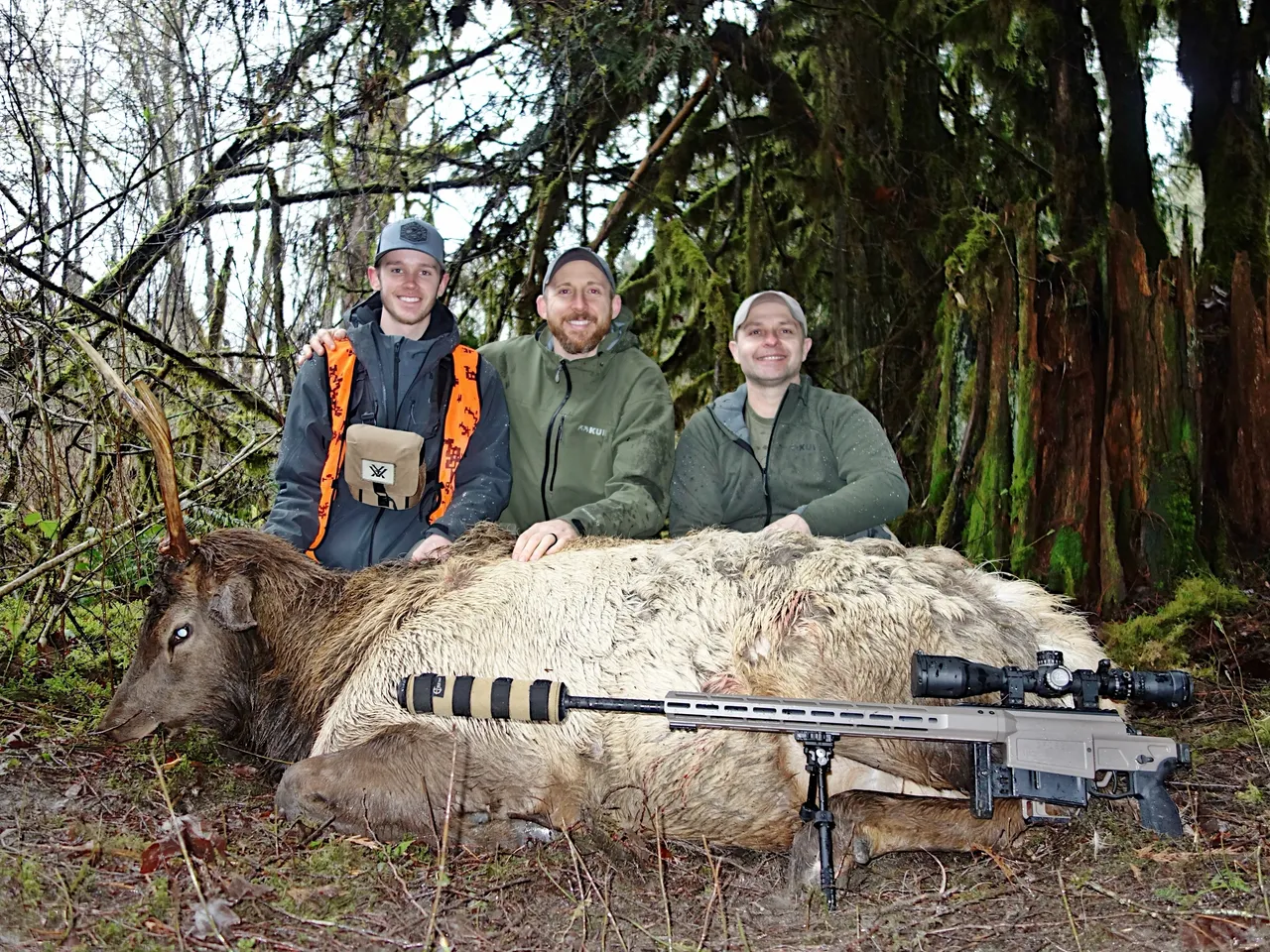 Three hunters posing with harvested elk.